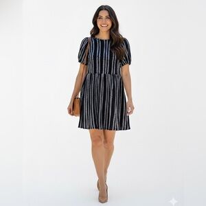 LOFT Black & White Striped Textured Puff Sleeve Doll Dress Size Small